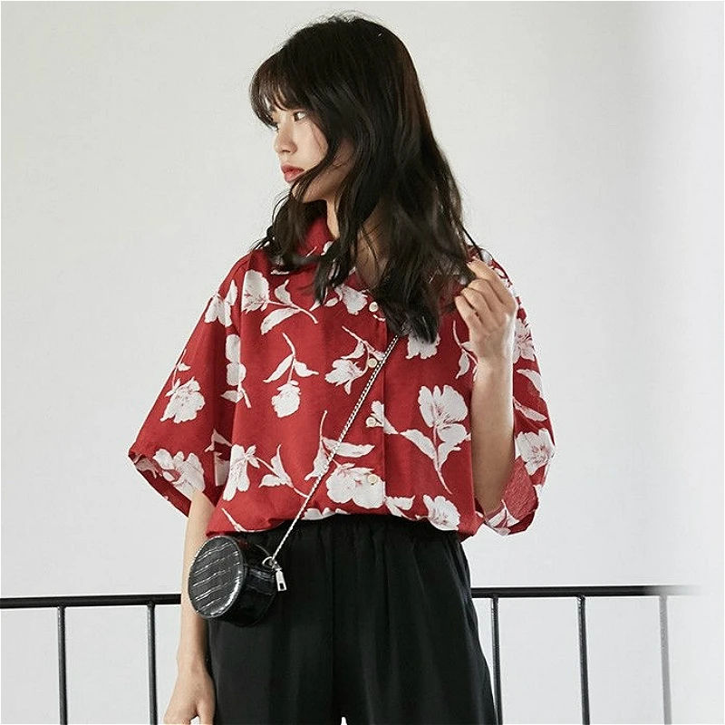 Blouses Women Harajuku Fresh Floral Korean Chic Turn-down Collar College Girls Blouse Design All-match Summer Trendy Ladies Tops