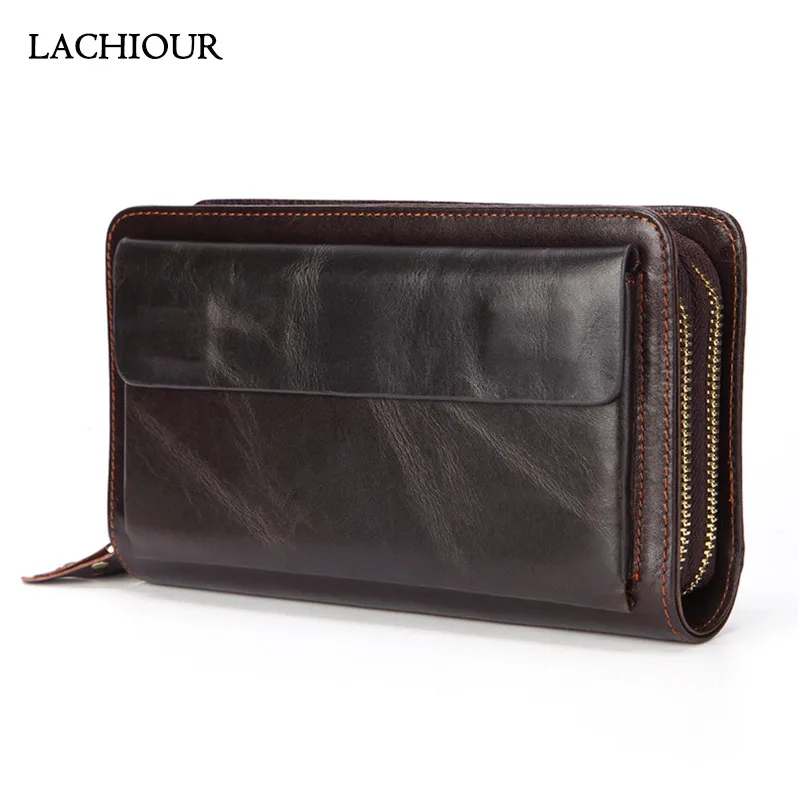 Lachiour Men Genuine Leather Hand Clutch Wallet Fashion Male Long Business Purse Coin Men\'s Black Handy Bag Wallet for Phone