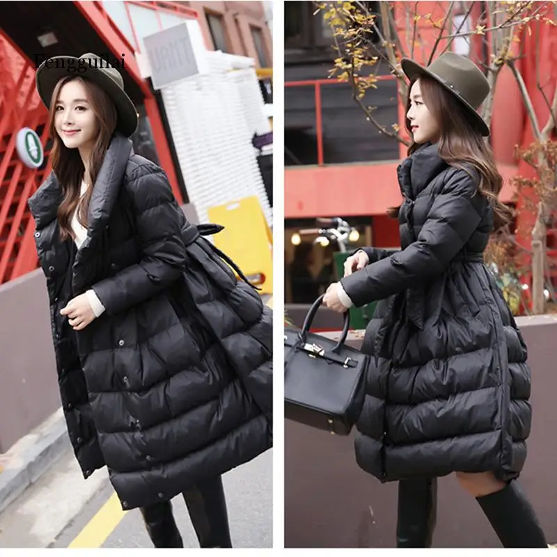 winter fashion women Coats medium-long cotton-padded jacket Thick lacing waist Large Hem Parka Overcoat