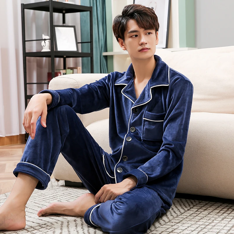 Winter Coral Fleece Pajamas Men PJ Full Sleeves Homewear Warm Thicken Pijama Island Velvet Sleepwear Soft Gray Pyjama Homme