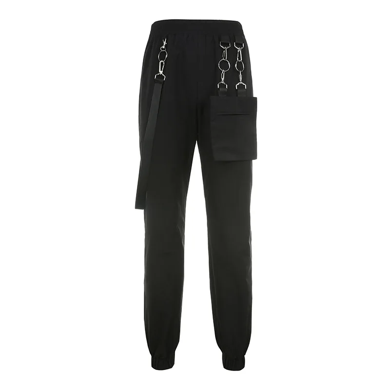 Pantalones informales de estilo Punk para mujer, pantalón holgado de cintura alta con bolsillos, color negro, Otoño, 2020