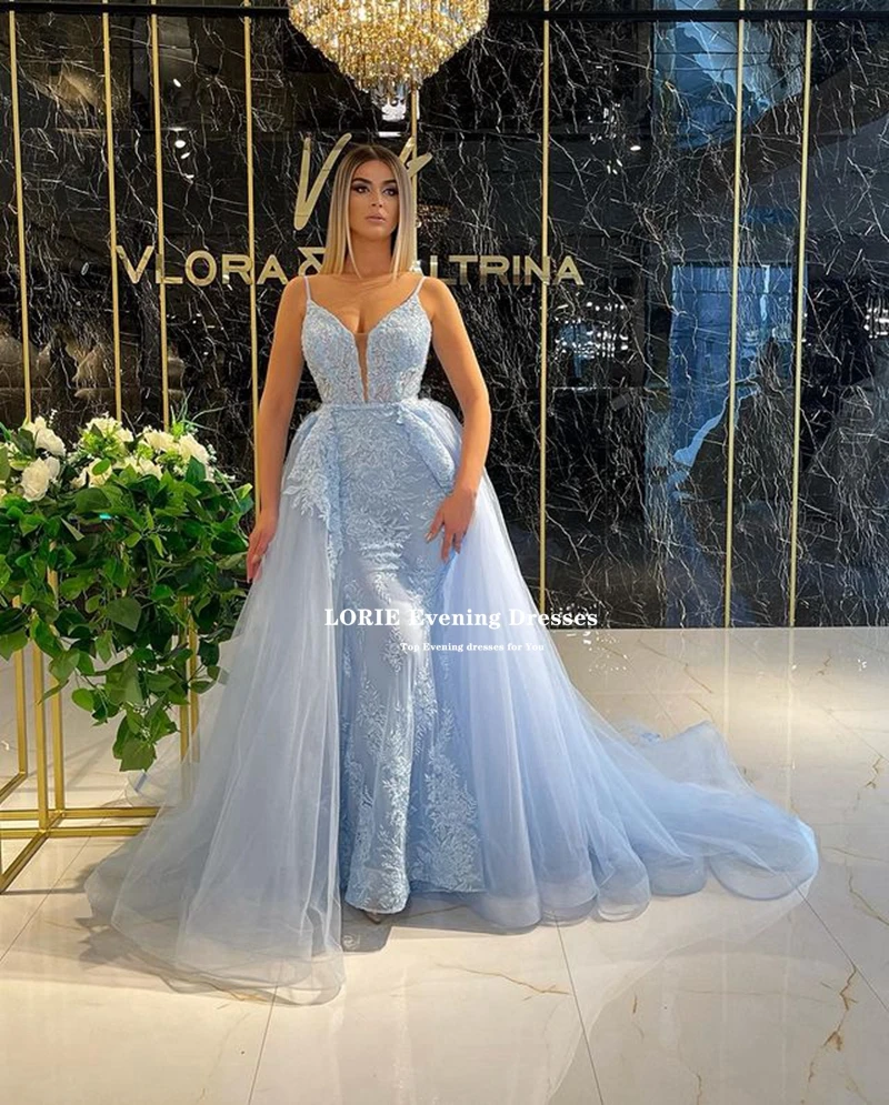 LORIE Sky Blue Tulle Long Evening Party Dress Sleeveless V-neck Spaghetti Straps Formal Robes De Soirée Robe De Soirée Femme