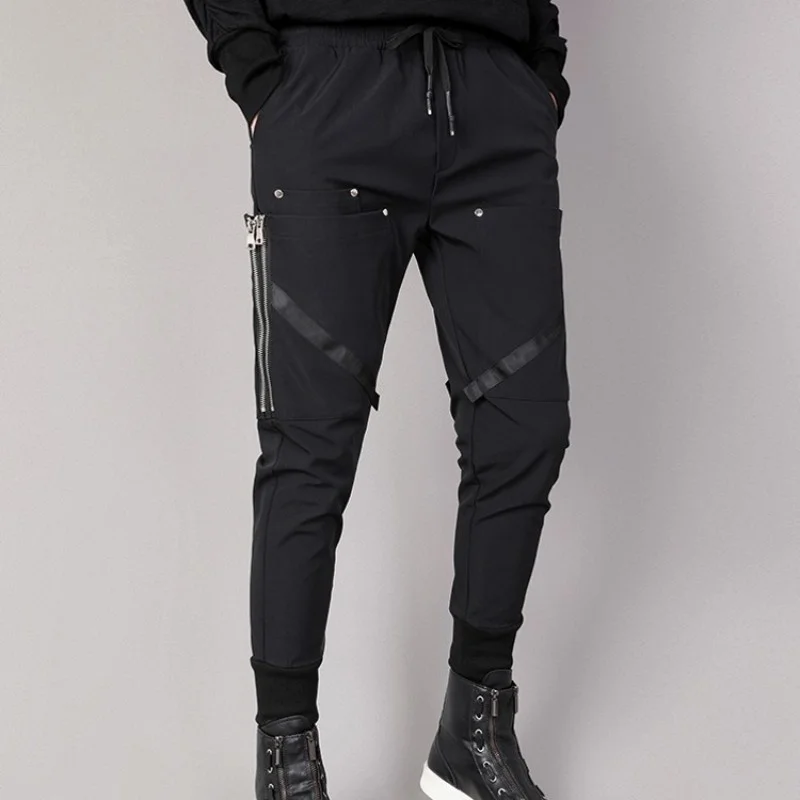 Pockets Zipper Casual Male Pants Elastic Black Drawstring Pencil Harem Trousers Gothic Slim Fit Personality Jogger Sweatpants