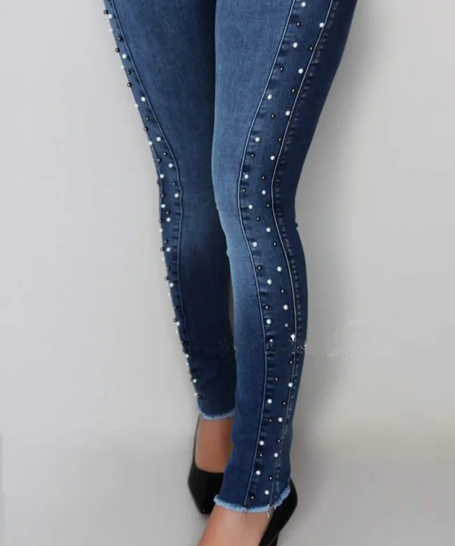 2021 New Women Dark Blue High Waist Beaded Jeans High Stretch Denim Pencil Pants Street Fashion Casual Push Up Hip Jeans S-2XL