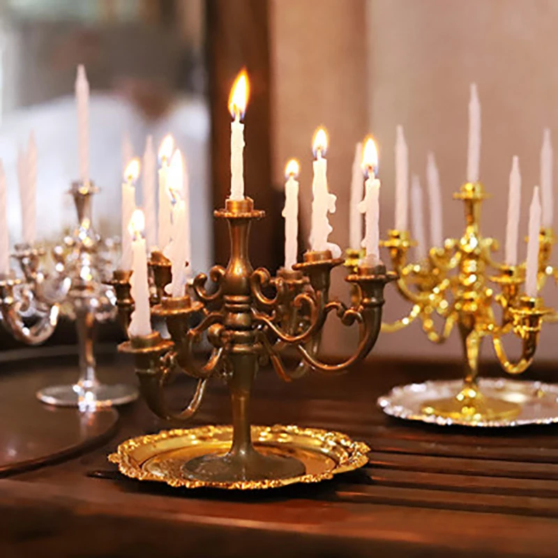 1 conjunto de velas e castiçal em miniatura para casa de bonecas, decoração para bolo e festa de aniversário