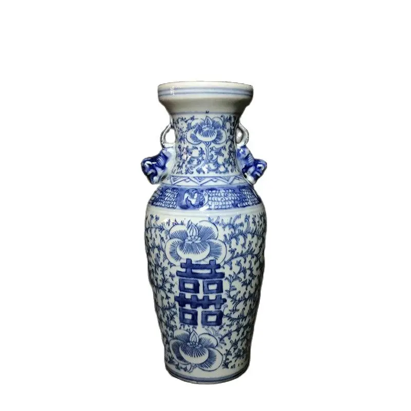 Chinese Old Porcelain Blue And White Porcelain Double Happiness Binaural Ears Vase