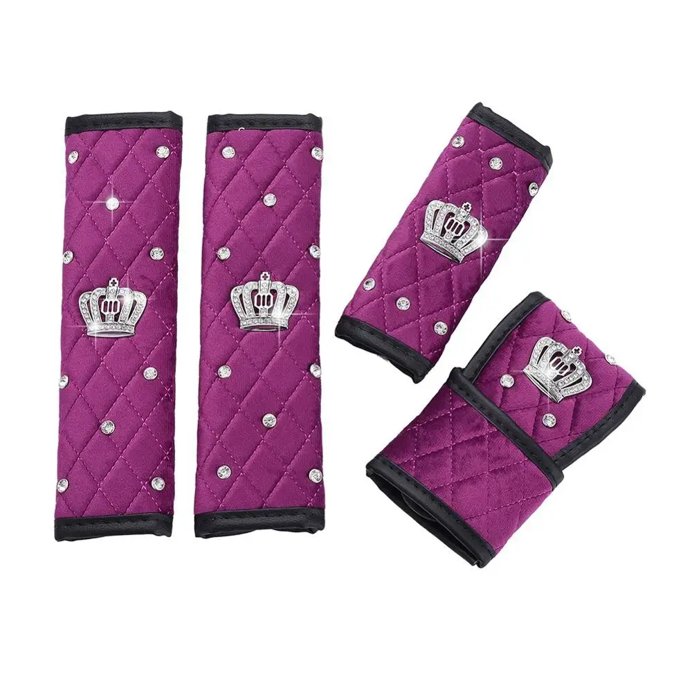 4PCS/Set Crystal Soft Plush Car Hand Brake Cover Gear Shift Knob Cover Auto Seat Belt Covers Diamond Crown Decor Pink Black