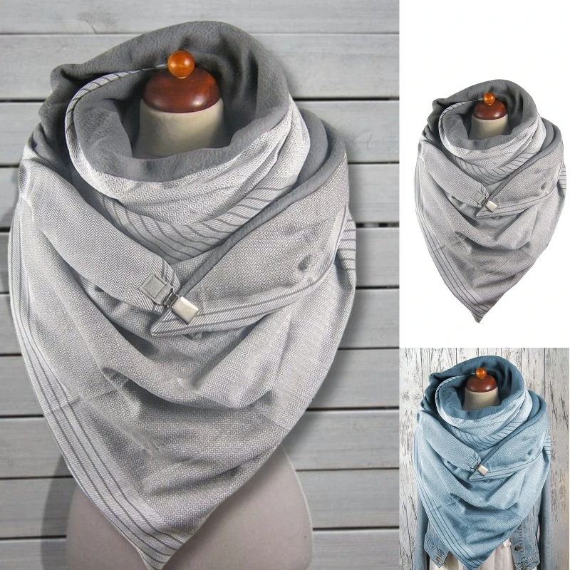 Women Winter Thicken Warm Scarf with Button Clip Vintage Floral Plaid Feather Printing Soft Wrap Bib Windproof Shawl