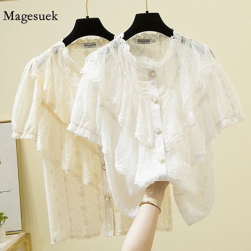 

New French Style Ruffle Stitching Shirt Summer Elegant 4XL Sweet Lace Short Sleeve Women Tops Stand Collar Thin Blouse 14209