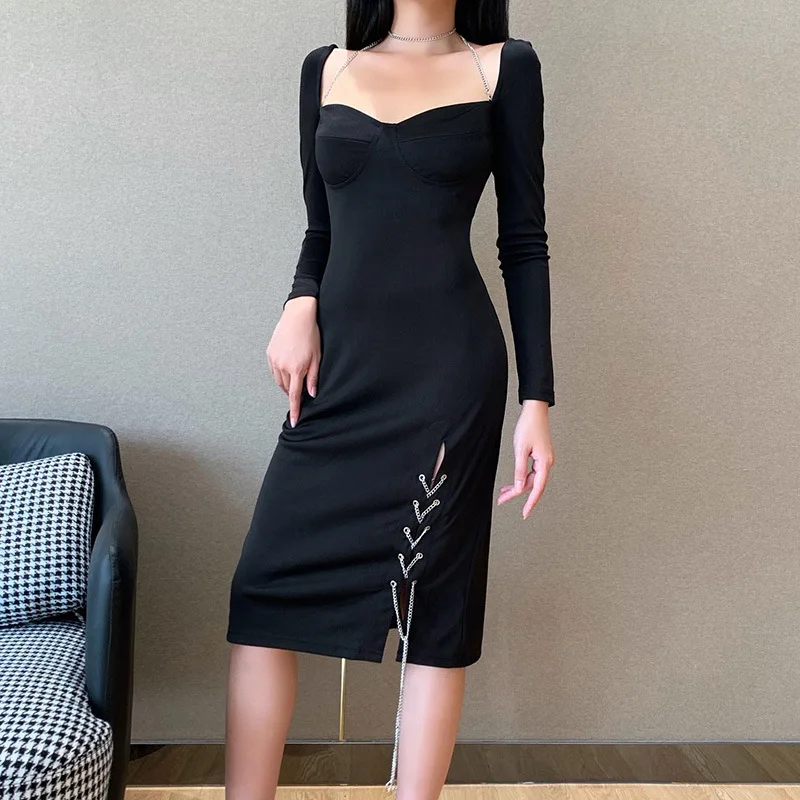 Women Black Prom Sexy Dress Women Strapless Long Sleeve Dress Party Square Neck Knitted Chain Split Fashion Free Shipping Autumn