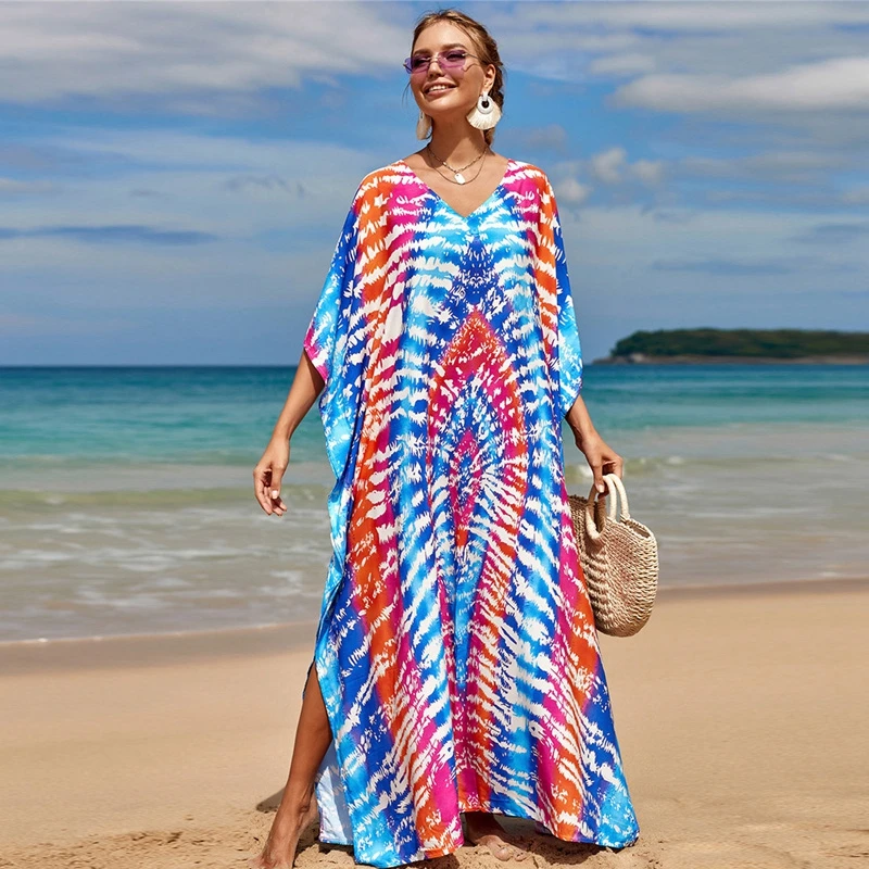 Gradient Tie Dye Print Maxi Dress Women Beach Kaftan Maternity Dress Plus Size Vibrant Color Party Night Gown Swimsuits Cover Up