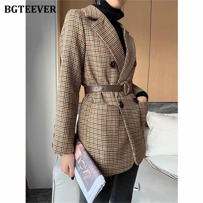 BGTEEVER Vintage Double Breasted Women Houndstooth Plaid Suit Blazer 2021 Spring Full Sleeve Sashes Belted Female Blazer Outwear