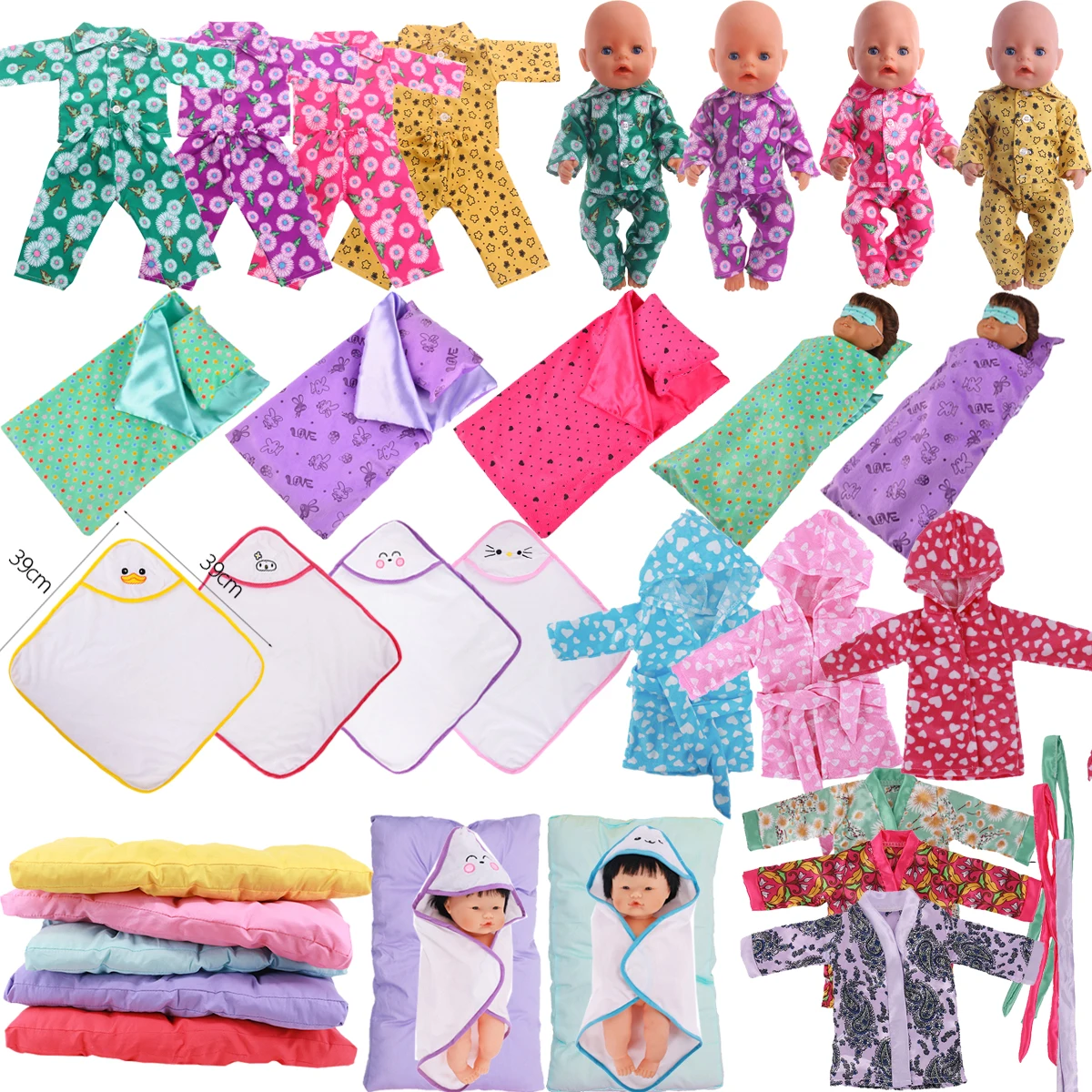 Doll Accessories Flower Pajama,Sleeping Bag,Mattress,Blanket,Fit 36Cm,43cm Baby Doll And Doll Clothes,Generation Play Toy,Gift