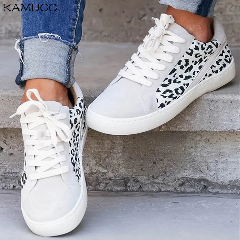 Spring Trendy Sneaker Women 2021 New Arrival Leopard Print Ladies Lace Up Casual Shoes Outdoor Running Walking Comfortable Flats