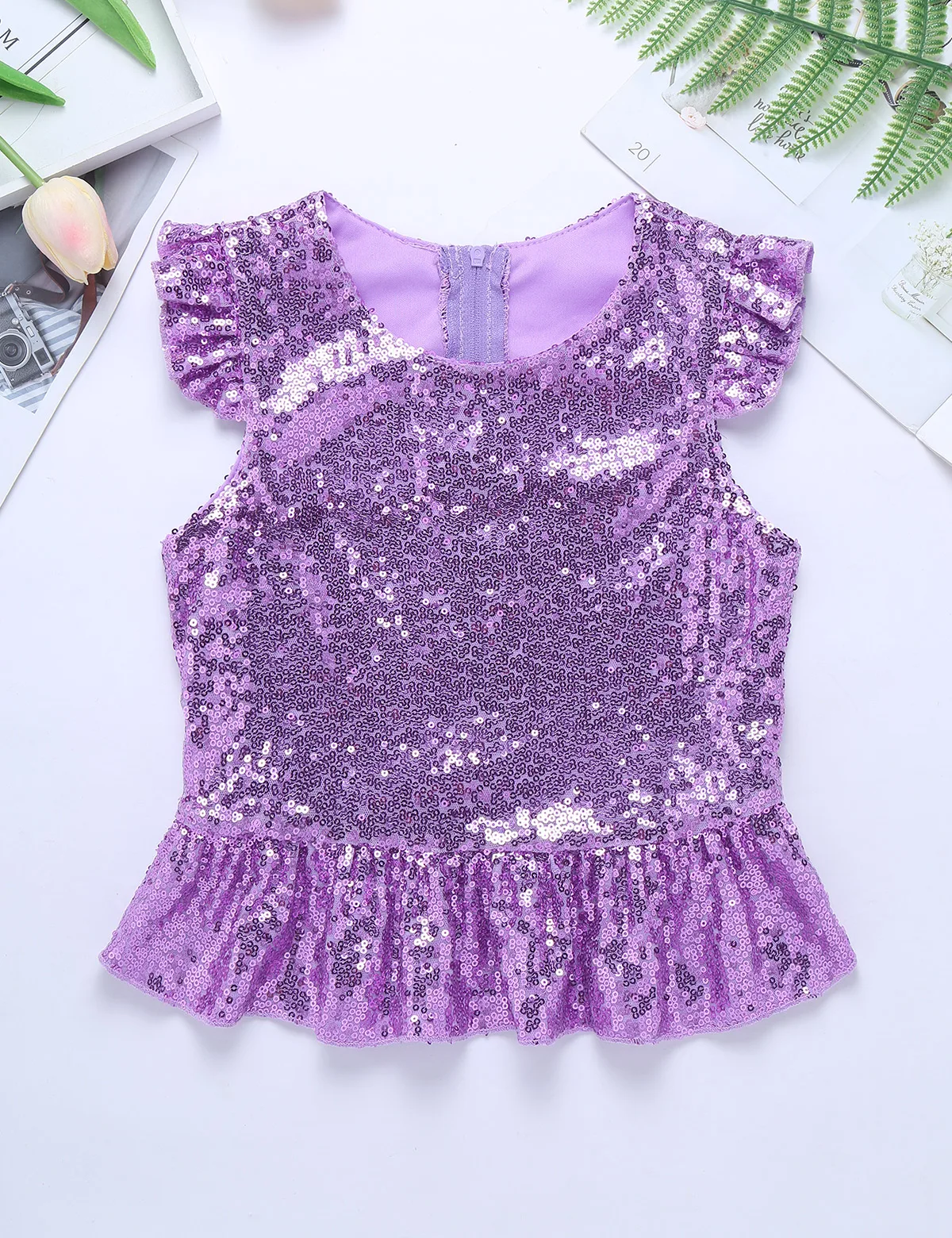 Kids Girls Mermaid Costume Sparkly Sequins Short Flutter Sleeves Ruffle T-shirts Dance Performance Carnival Birthday Party Tops