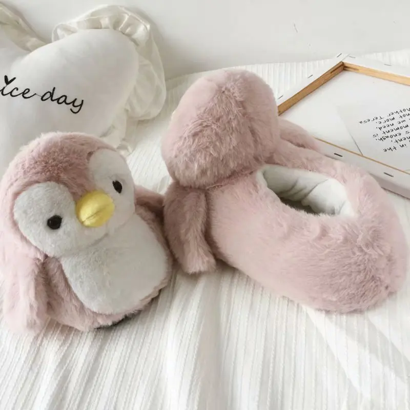 Kawaii pink penguin winter fur warm home slippers plush penguin doll home slippers cute and soft home animal shoes