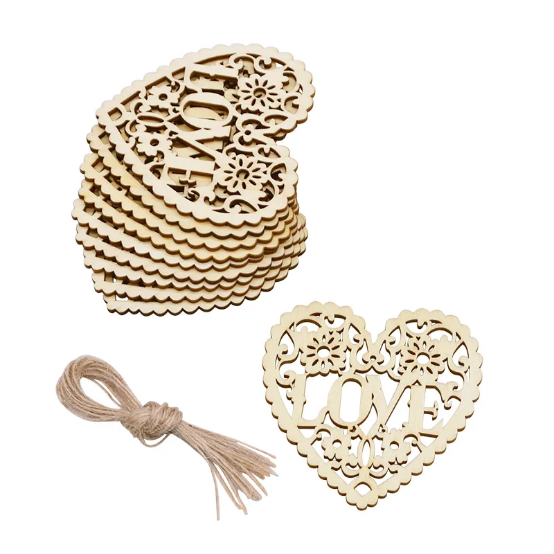 10pcs Wooden Heart Love Pendant Hollow Laser Mr Mrs Wood Chips With Hemp Rope For Rustic Weddings Birthday Party Hanging Decor