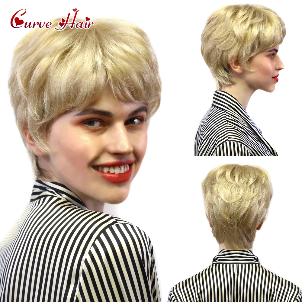 

Women's Wig Fashion Blonde Female Short Wig With Bangs Synthetic Hair None Lace Front Hand Tied On Top Natural Look Lady Wigs