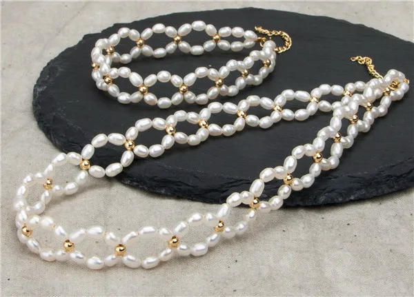 HABITOO 5-6mm Natural Freshwater White Pearl Weave Necklace Bracelet Set for Women Fashion Jewelry Sets 14k Filled Gold Clasp