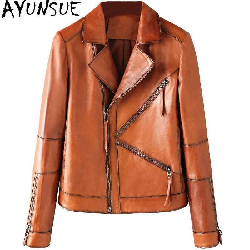 Ayune-Chaqueta Vintage de cuero genuino Para Mujer, abrigo de piel de oveja, Chaquetas de motocicleta coreanas, ropa Para Mujer 100%