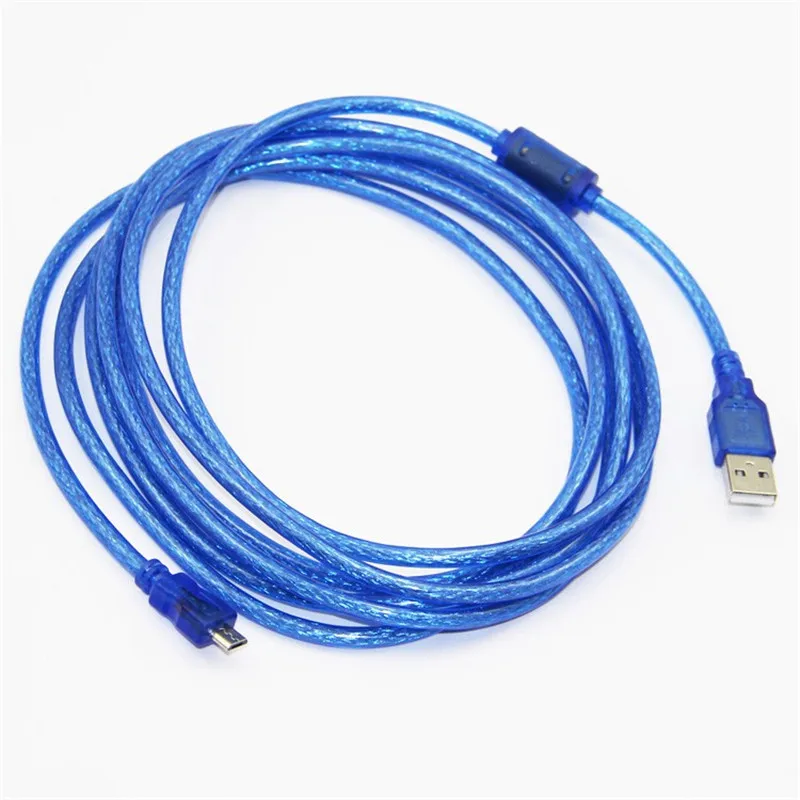 Micro USB 2.0 USB-A to Micro-B แบบ Dual ถักฟอยล์โปร่งใสสีฟ้า 0.3m 0.5m 1.0m 1.5m 3m 5m