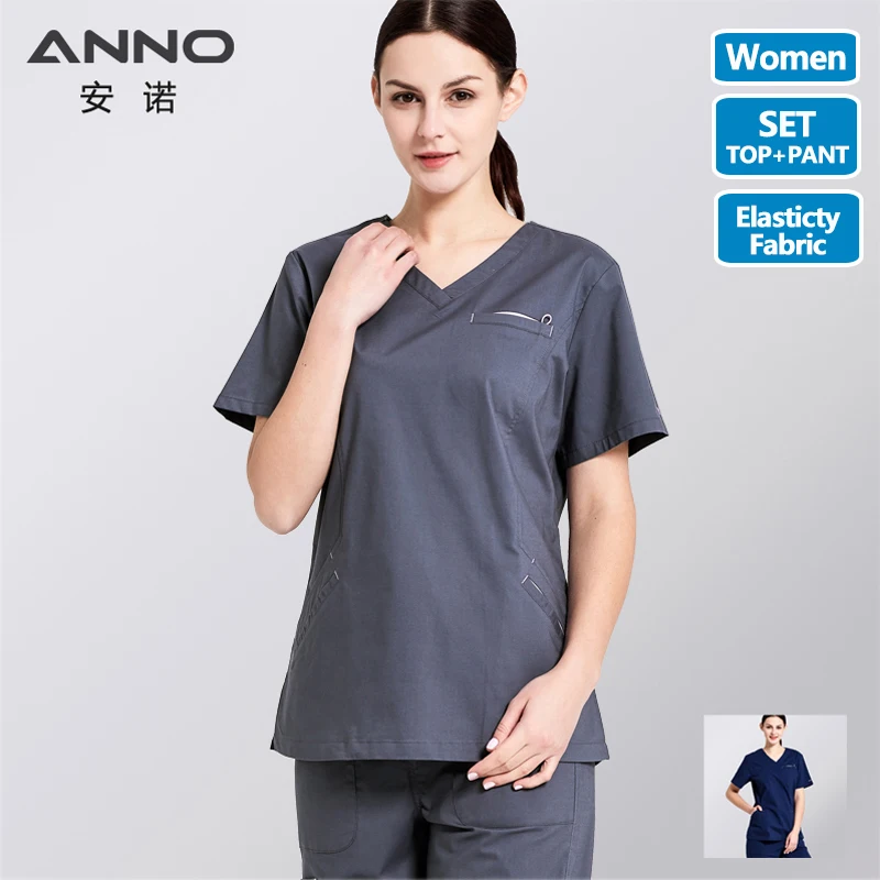 

ANNO Cotton Scrubs Set Body Elasticity Nurse Uniform with Spandex Slim fit Fashion Nursing Dress Beauty Salon Work Wear