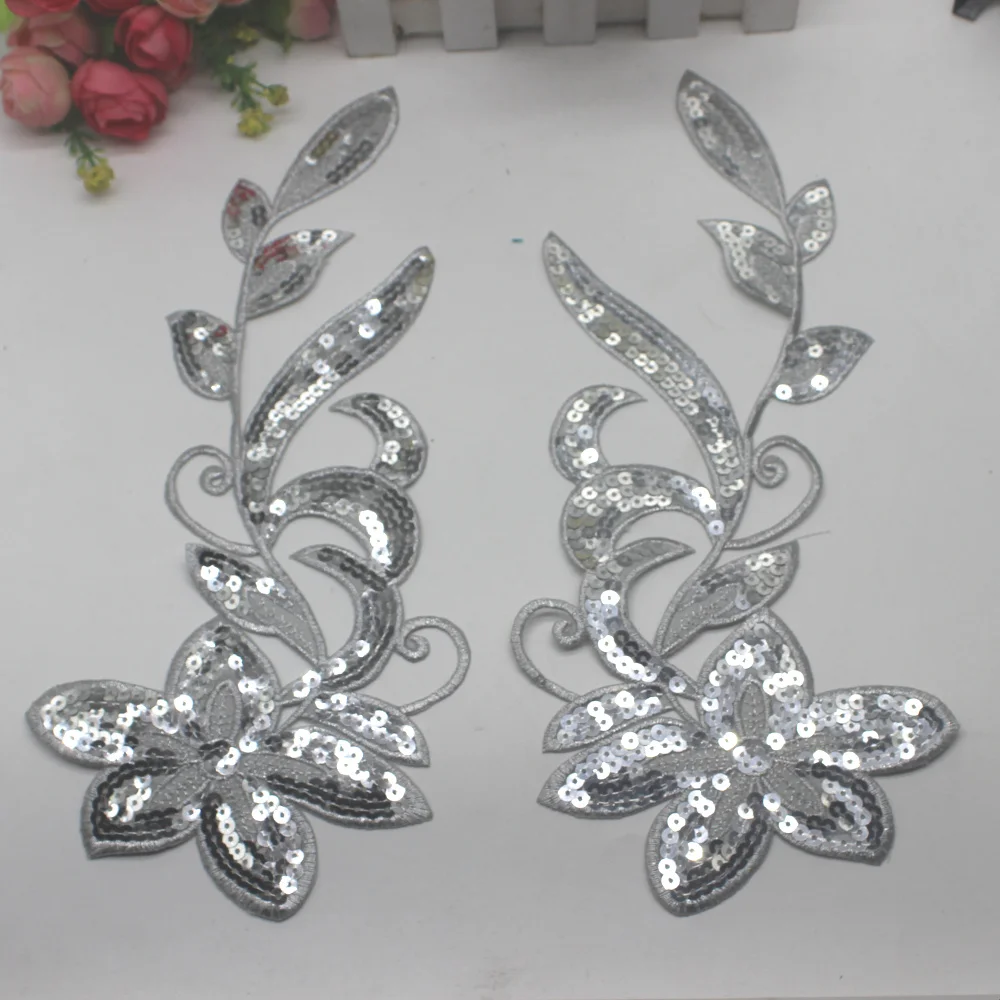 2 Pcs Iron On Patches Mirror Pair Flower Sequined Appliques Trims Hologram Diy Dance  Accessories 12.5*31cm