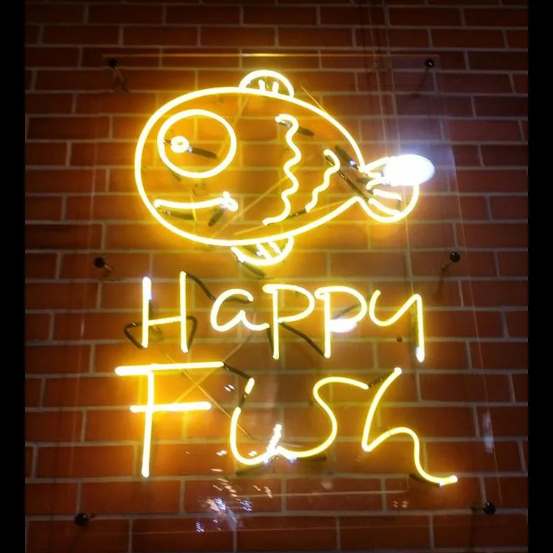 

Neon Sign Happy Fish Neon light Hotel Neon Wall Sign Display Window Advertise Lamp Decorate Home color Handmade Real glass TUBE
