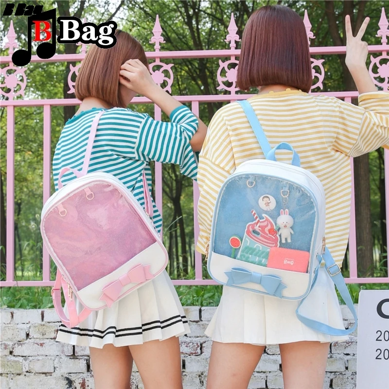 women Lovely print Bow transparent backpack Korean version girl students high-capacity Backpack ita bag handbag Jelly schoolbag