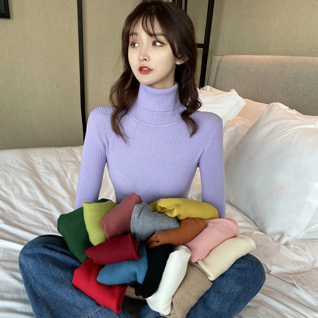 Zoki Soft Women Turtleneck Sweater Autumn Knitted Solid Jumper Winter Long Sleeve Elastic Pink Female Pullover Top Dropshipping