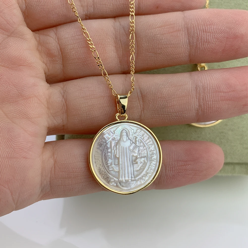 Religiou Saint Benedict Necklace For Woman Figaro Chain Round Medal Mother of Pearl Shell Badge Pendant Holy Bible Jewelry