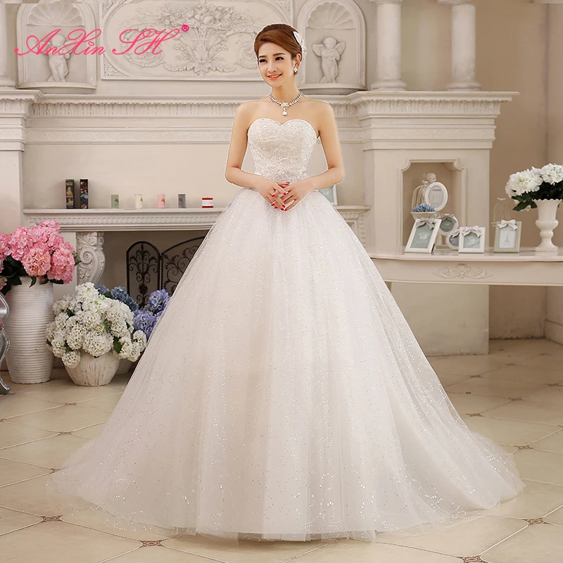 AnXin SH princess white flower lace big bow vintage sleeveless strapless bride white court train customized wedding dress