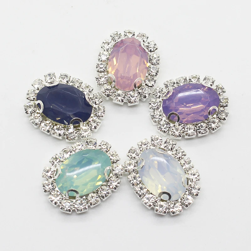 New Color 10Pcs 15*20mm Resin Acrylic Oval Rhinestone Button Silver Germent Flower Center DIY Accessories Handcraft