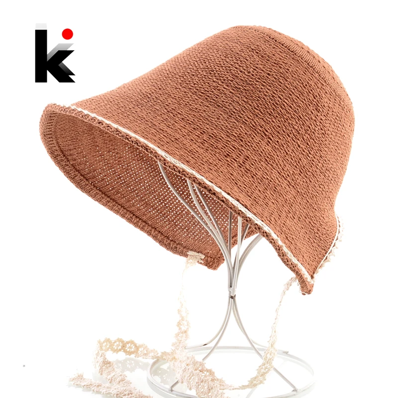 

Ladies Beach Hat Summer Wide Brim Sun Hat Women Elegant Floppy Sunbonnet With Lace Belt Outdoor Sun Protection Female Travel Hat