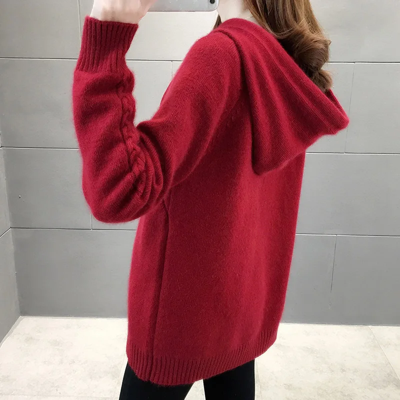 JMPRS Pullover Women Sweater Loose Knitted Hooded Long Sleeve Jumper Thick Solid Ladies Sweater Casual Winter  Tops