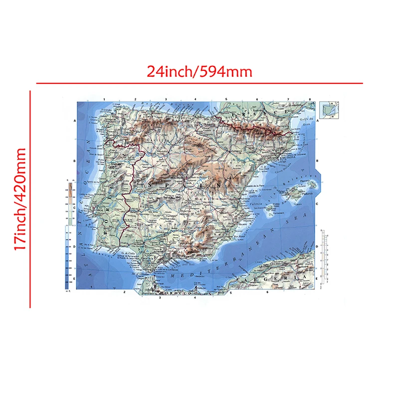 Hiszpania mapa topograficzna 59*42cm obraz na płótnie nieoprawione wydruki obrazy na ścianę salon Home Decor artykuły szkolne