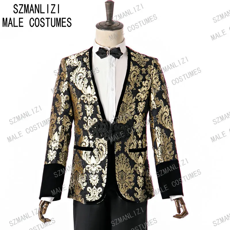 

JELTONEWIN 2022 Tailor-Made Groom Tuxedos Gold Floral Printed Men Suit Set For Wedding Male Party Jacket Pants Costume Homme