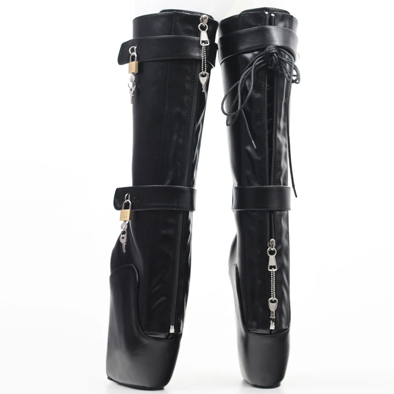 Knee-High 18CM High Heel Ballet Boots Lockable YKK Zipper Strange Wedge Heelless Boots With Locks