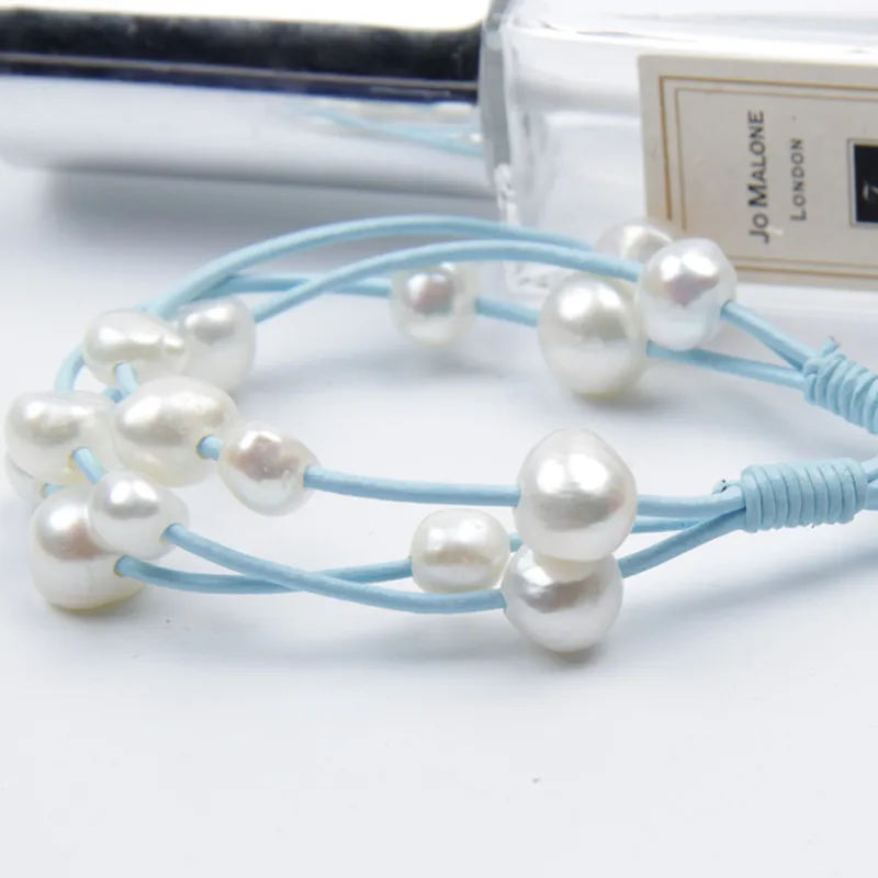 Free shipping sky blue real leather baroque shape real pearl beads natural white women bracelet multi row summer bangle wedding