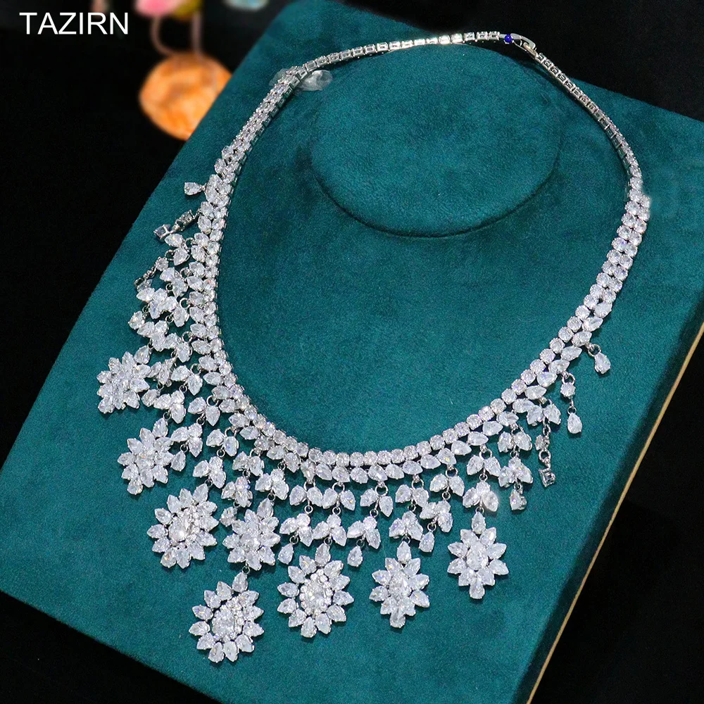 Luxury Full Zircon Nigeria Flower Design Jewelry Set  for Women Wedding 4Pcs CZ Big Necklace Bracelet Dangle Earrings and Rings