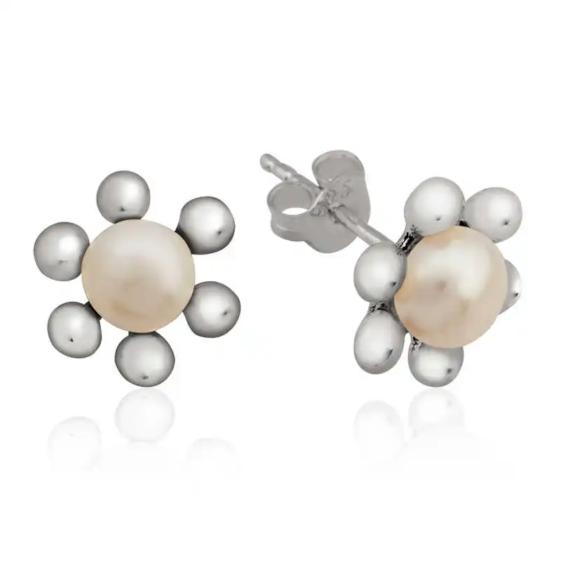 Silver Pearl Flower Stud Earrings 925 Sterling Women for Jewelry Wedding Party Birthday Gift - Box - Fashion Girl Accessories