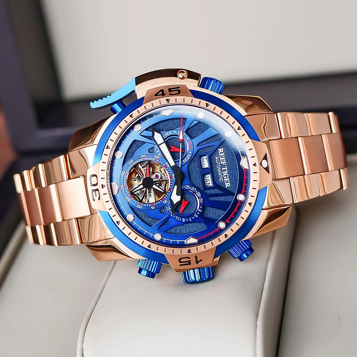 Reef Tiger/RT Sport Watch Complicated Dial with Year Month Perpetual Calendar Rose Gold Bracelet Watches RGA3532