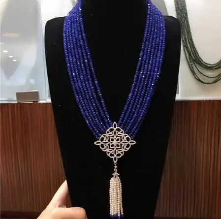 

Hand knotted natural 7row 2x4mm blue jade multilayer white freshwater pearl zircon micro inlay accessories tassel necklace