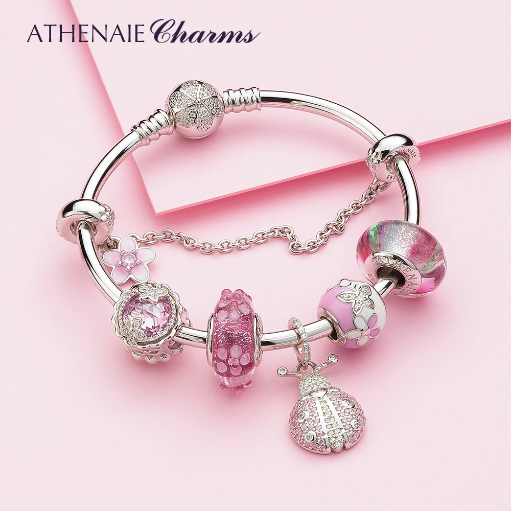 ATHENAIE 100% 925 Sterling Silver Pink Murano Glass Beads Flower Charms Fit Women Bracelet & Bangle Necklace Jewelry Girl Gift