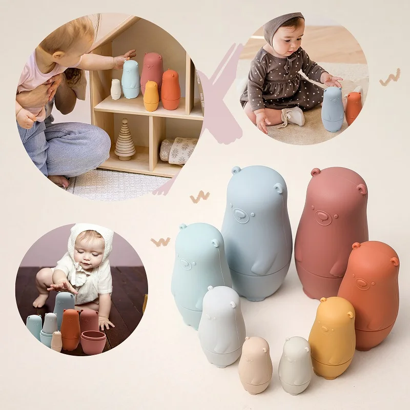 4PCS  Baby Silicone Matryoshka Doll Cute Bear Shape Russian Nesting Dolls Poupee Russe Kids Early Educational Toy Children Gifts