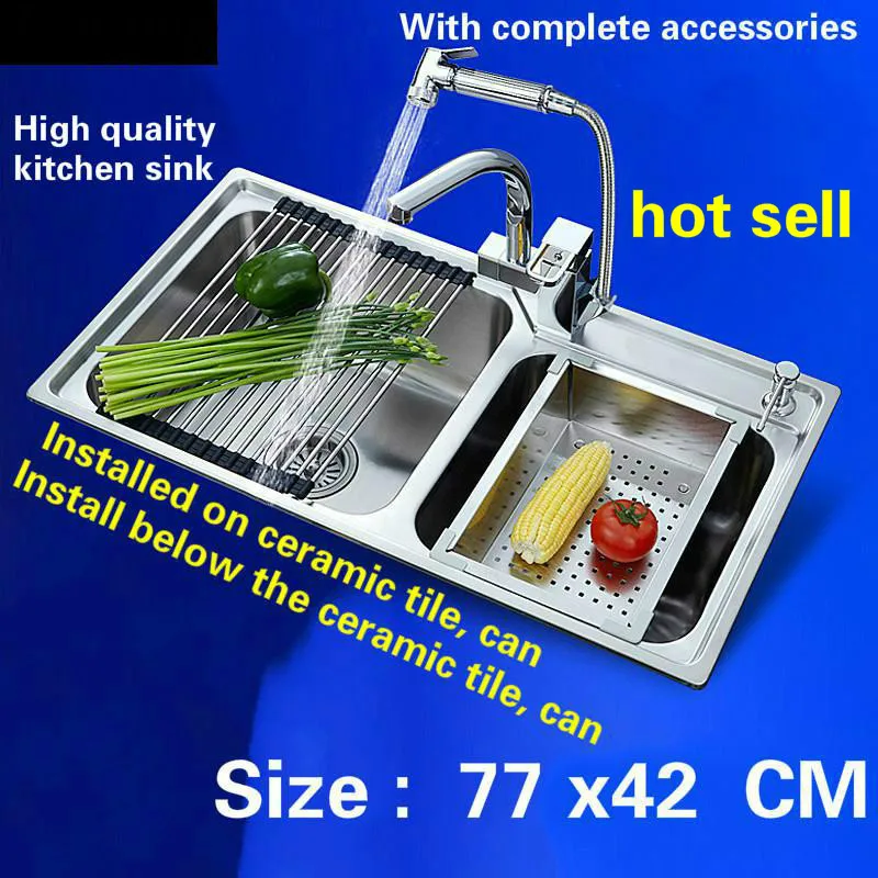 

Free shipping Luxury fashion kitchen sink double slot 0.8 mm thick food grade 304 stainless steel 770 x420 MM