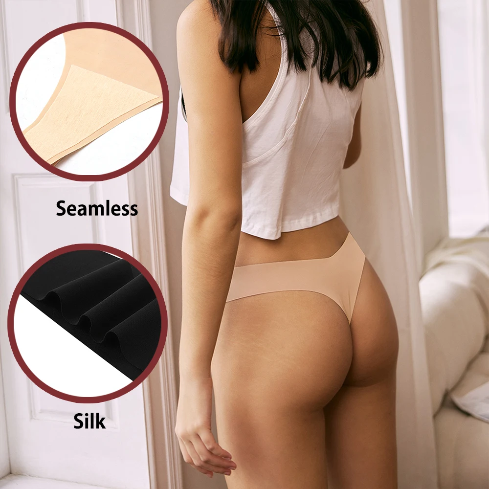 3pcs Women's Seamless Panties Sexy Thong Low Waist Underwear G-string Solid Silk Panties T-back Brief Breathable Lingerie Female