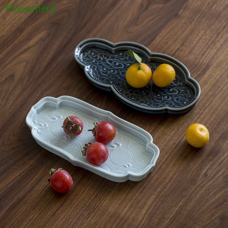 Relief Ceramic Tea Tray Dry Soaking Plate Kung Fu Tea Set Teaware Ceramic Fruit Tray Refreshment Tray Tea Ceremony Accessories