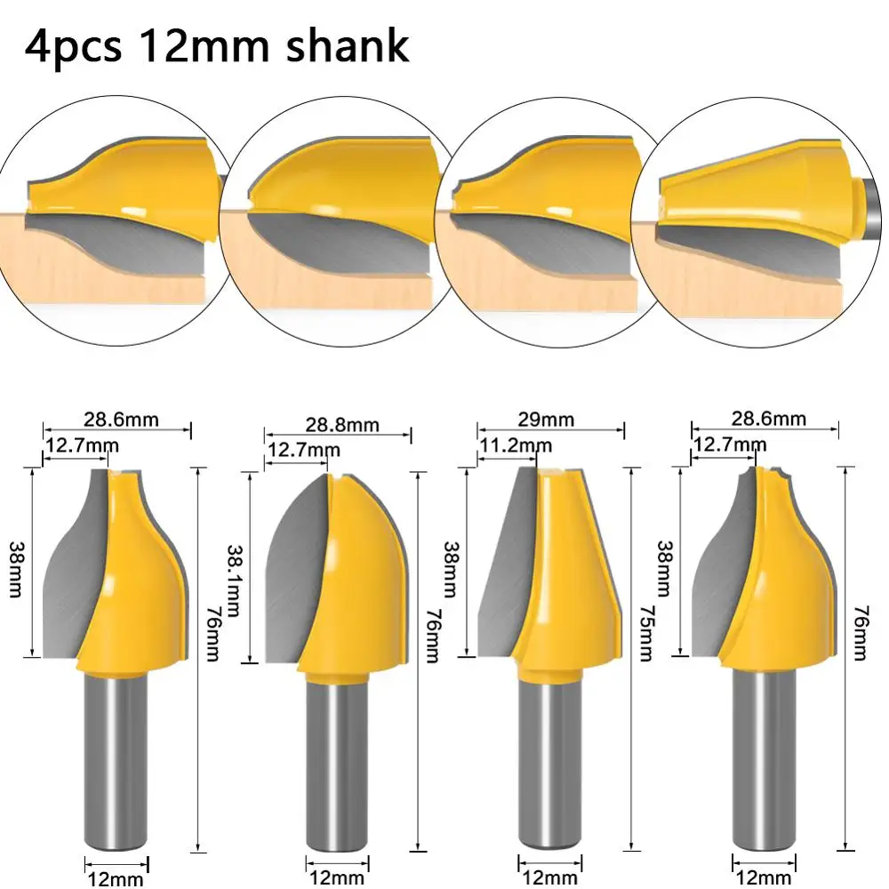 12mm 1/2 인치 생크 수직 올린 패널 라우터 비트 1-4 개, 장부 커터 세트 도어 목공 커터 목재 드릴 비트