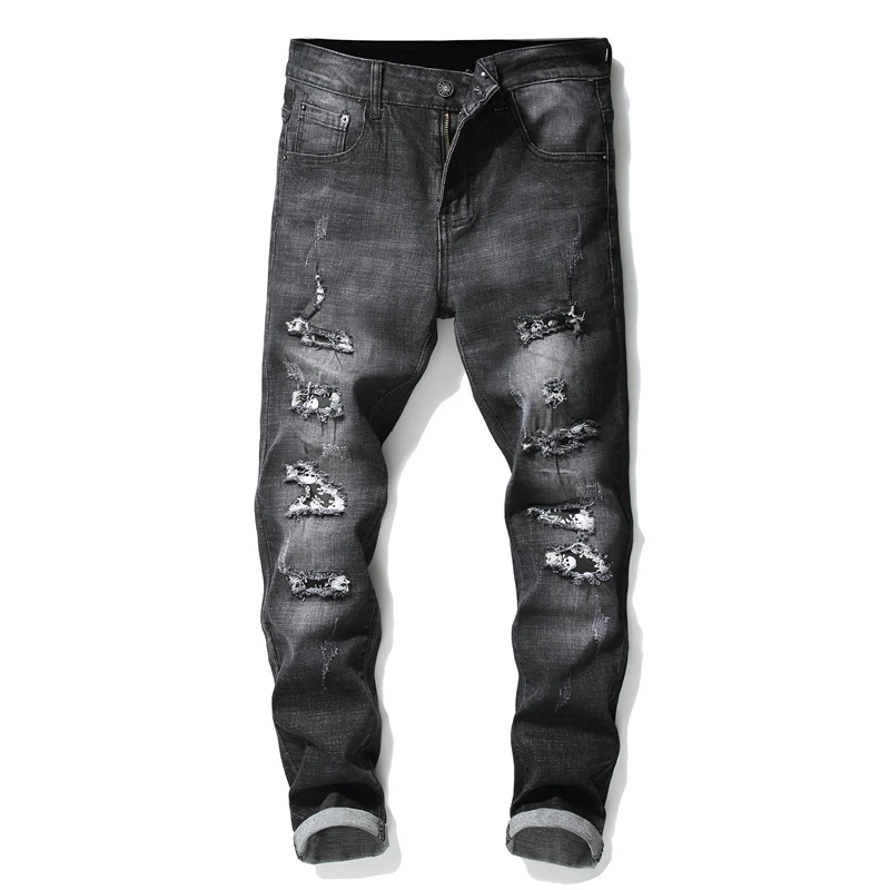 

Ripped Jeans New Men's Black Stretch Slim Fit Distressed Streetwear Denim Pants Casual Patch Retro Biker Male Hiphop Trousers